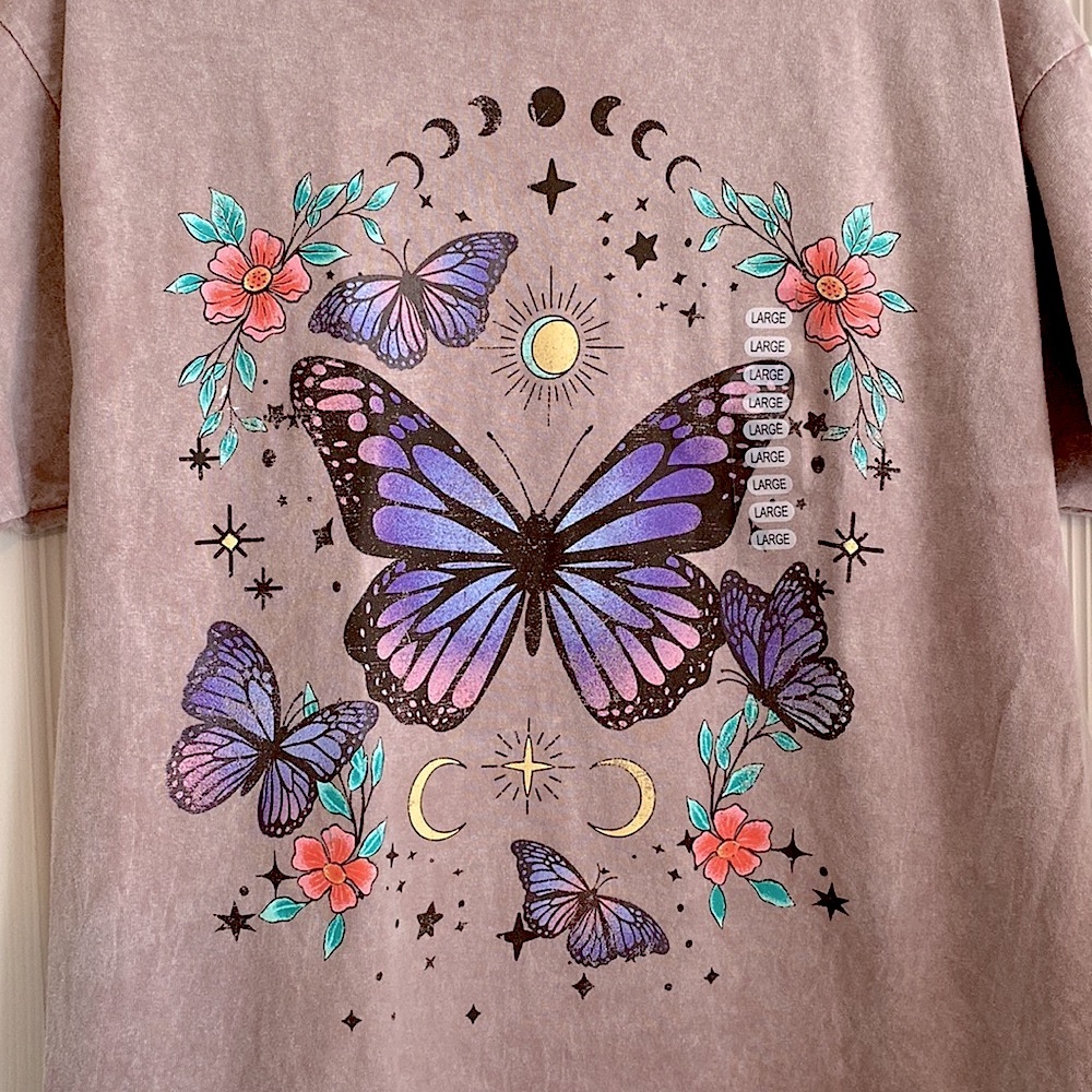 Pretty Rebellious Tshirt Junior’s L BOHO Celestial Butterfly Mineral Wash TAUPE